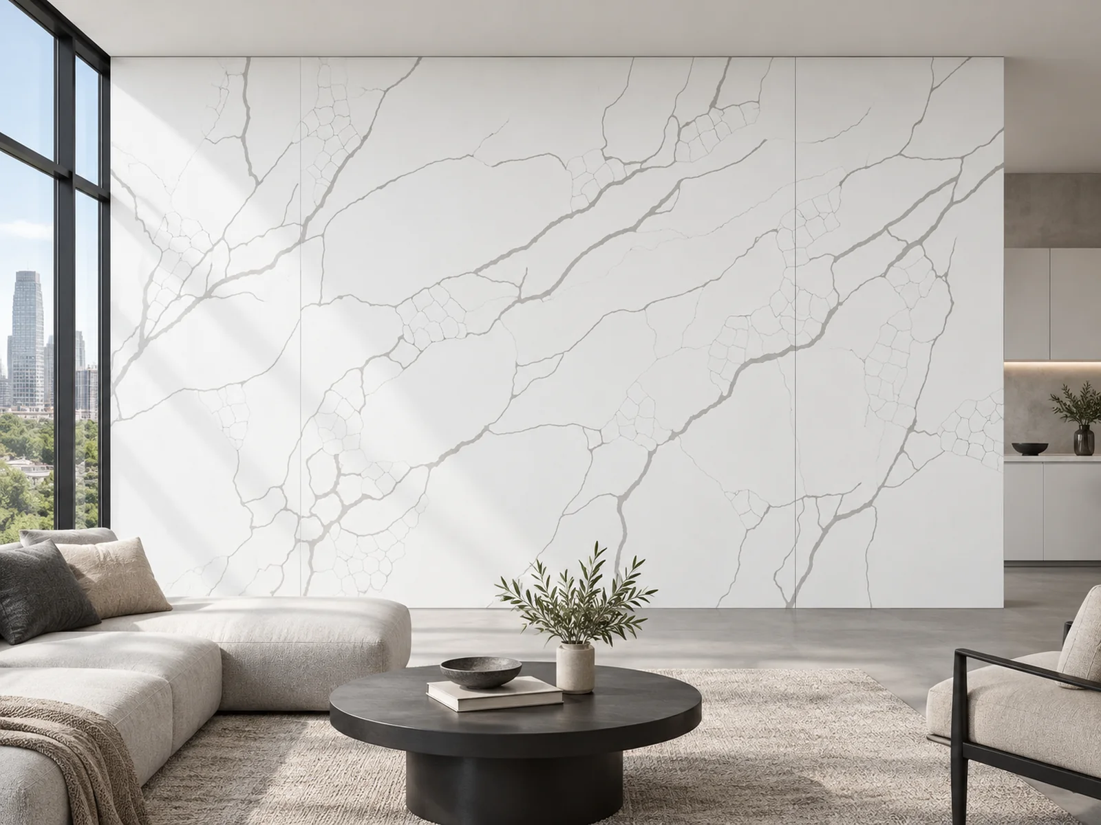 Rendering: Full-height feature wall in Auro Quartz Calacatta 6601