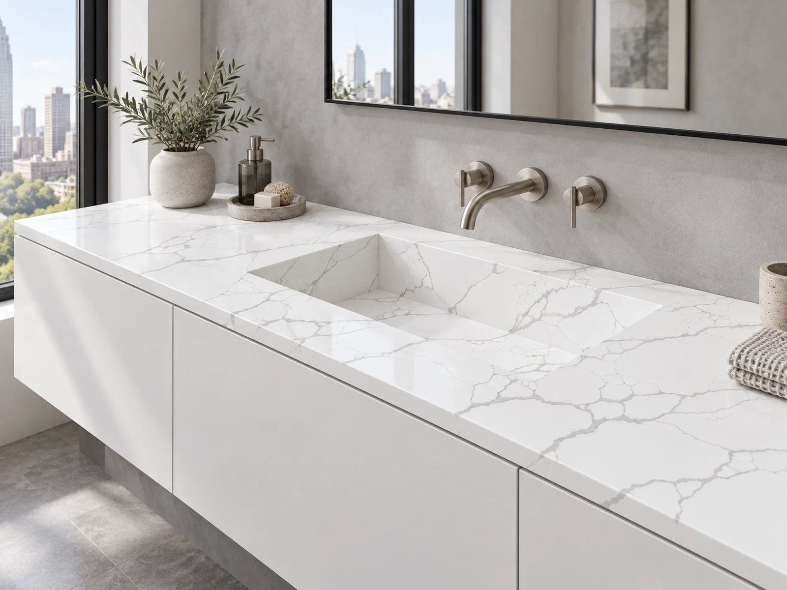 Rendering: Vanity top with integrated sink in Auro Quartz Calacatta 6601