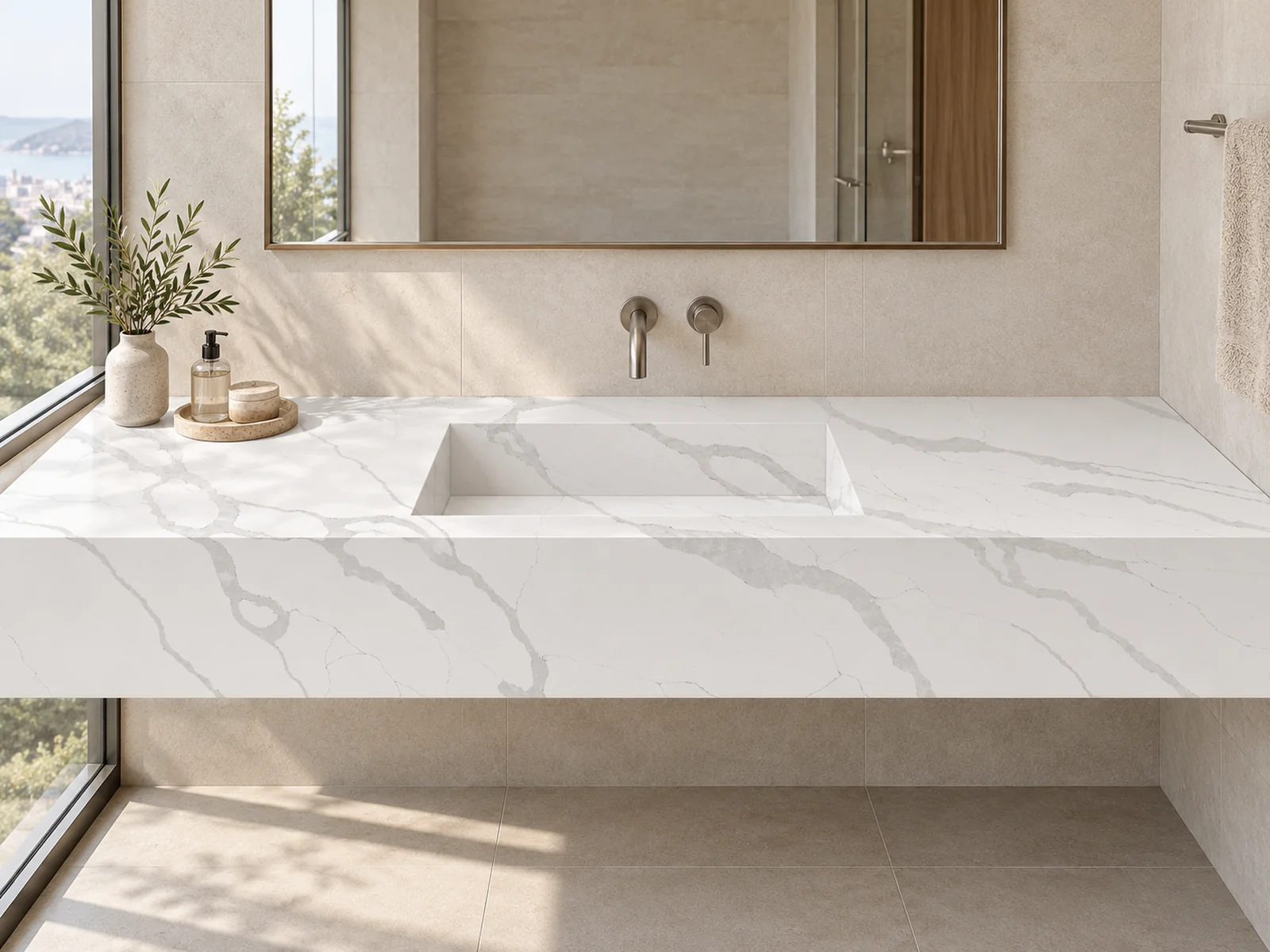 Rendering: Vanity top with integrated sink in Auro Quartz Calacatta 6606
