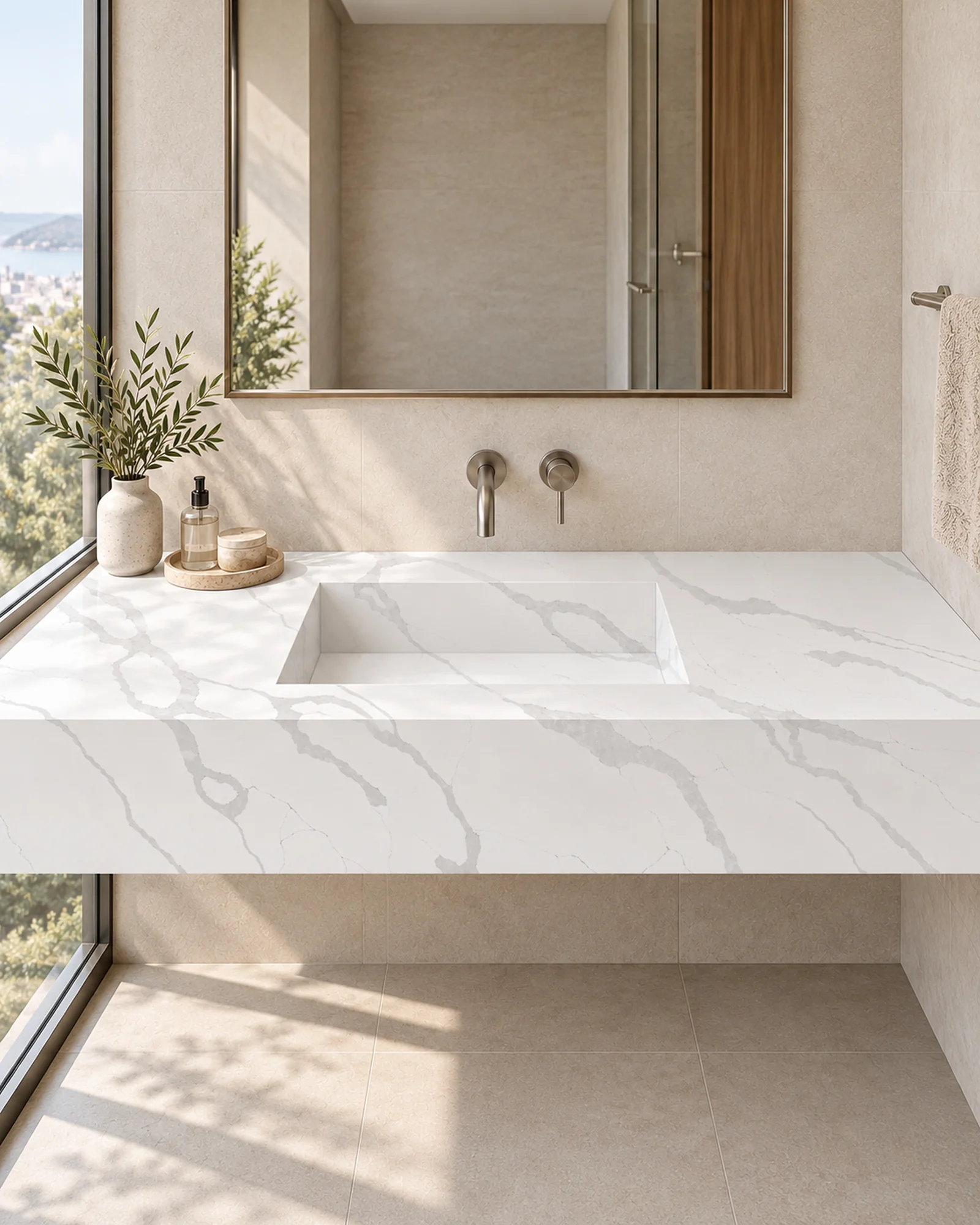 Rendering: Calacatta quartz used for shower walls