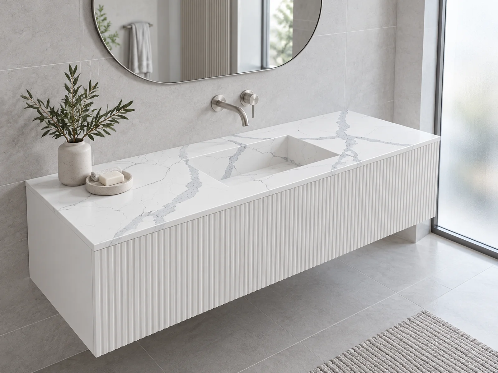Rendering: Vanity top with integrated sink in Auro Quartz Calacatta 6610