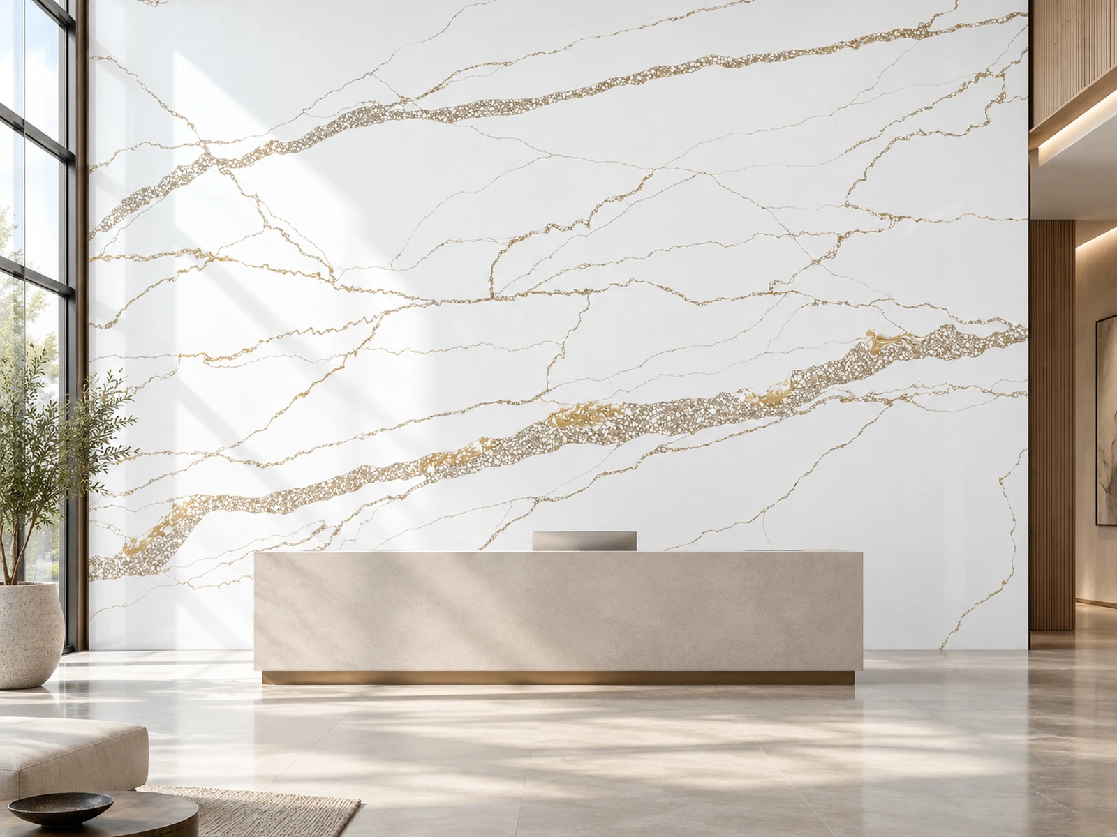 Rendering of an Auro Quartz Calacatta quartz feature wall