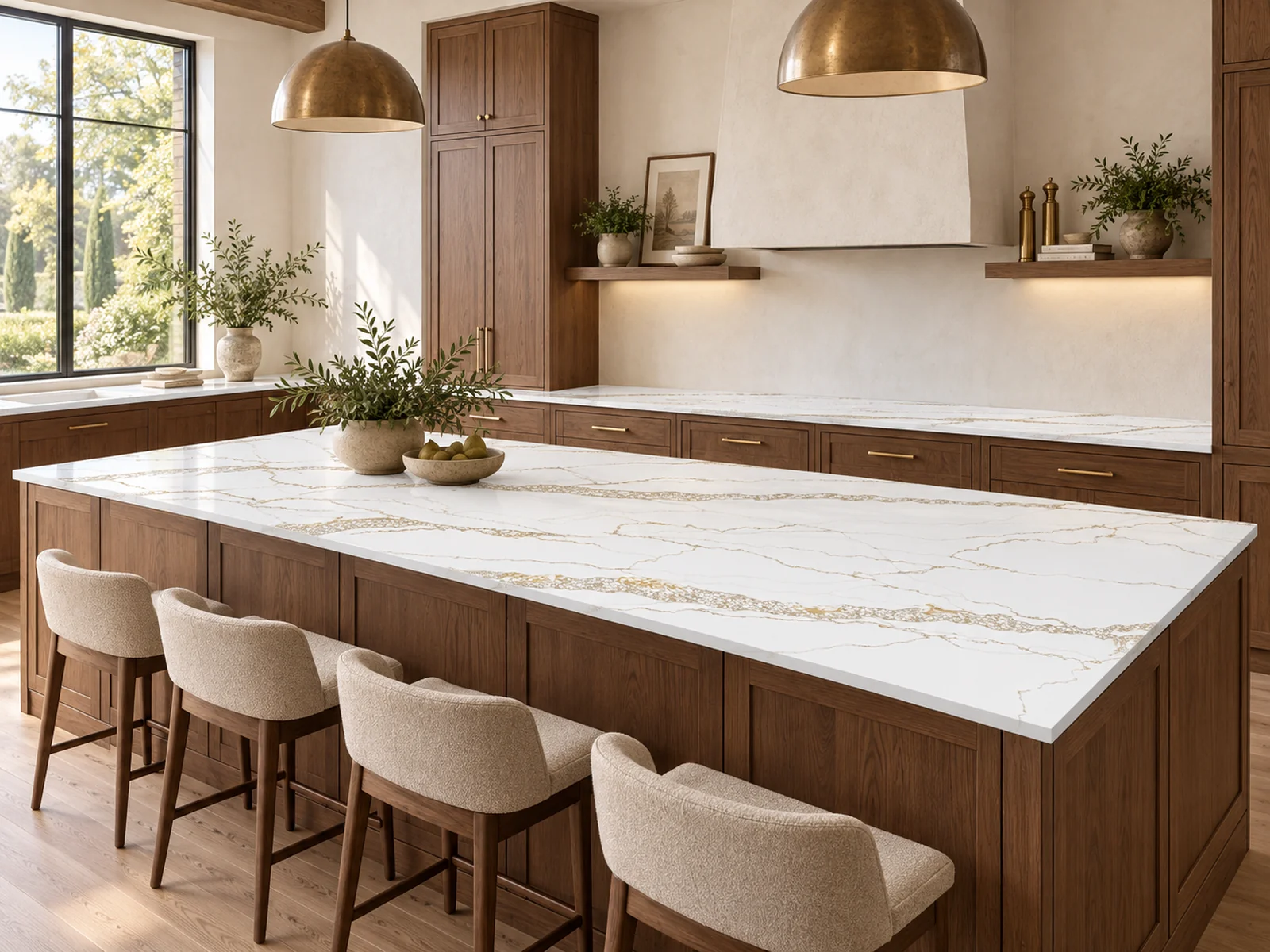 Rendering of an Auro Quartz Calacatta 6614 Gold kitchen island top
