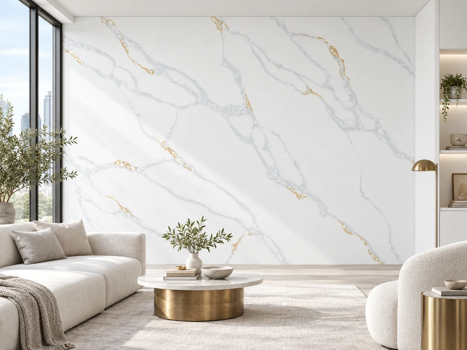 Rendering: Full-height feature wall in Auro Quartz Calacatta 6626