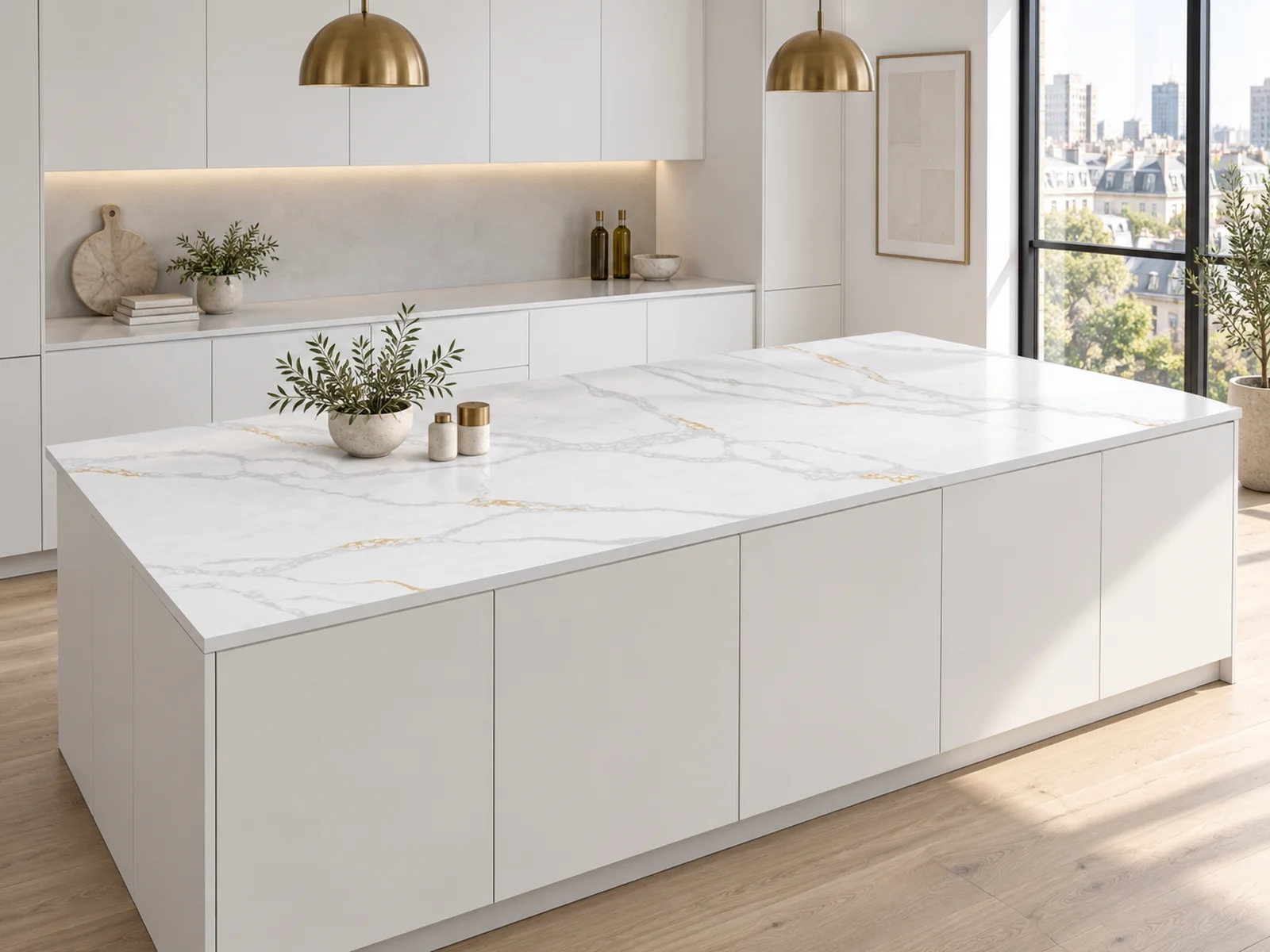Rendering: Kitchen island top in Auro Quartz Calacatta 6626