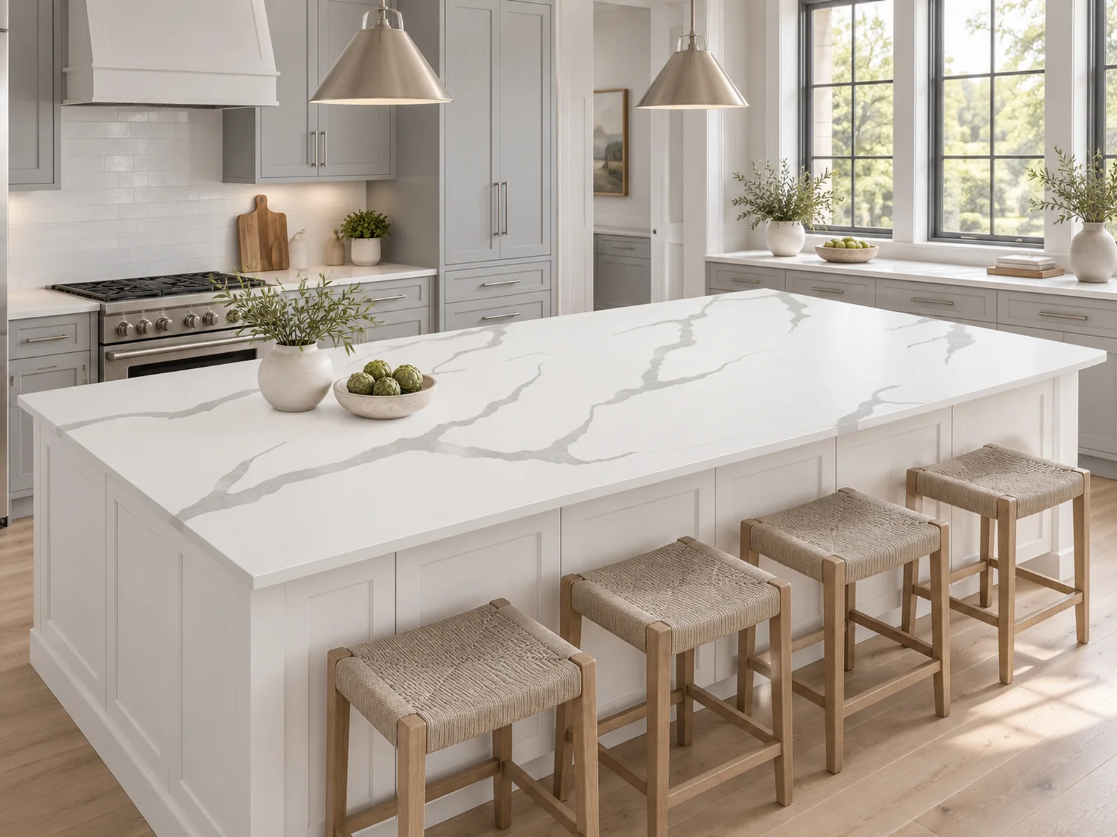 Rendering: Kitchen island top in Auro Quartz Calacatta 6653