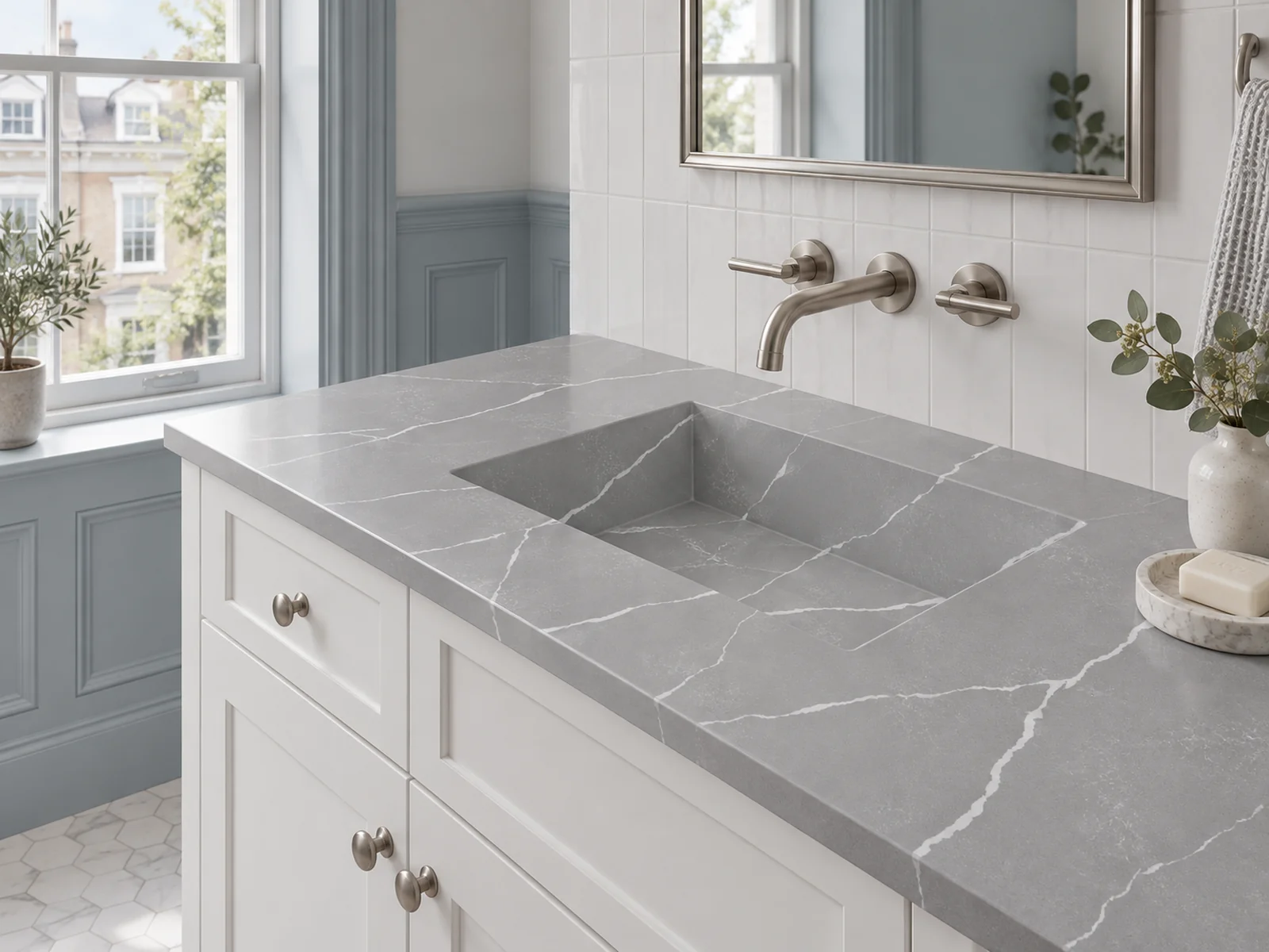 Rendering: Vanity top with integrated sink in Auro Quartz Calacatta 6655
