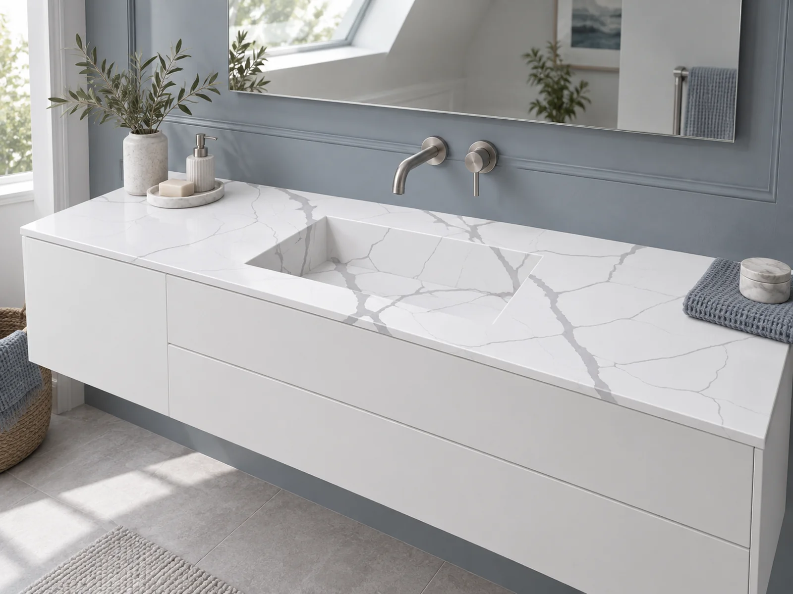 Rendering: Vanity top with integrated sink in Auro Quartz Calacatta 6702