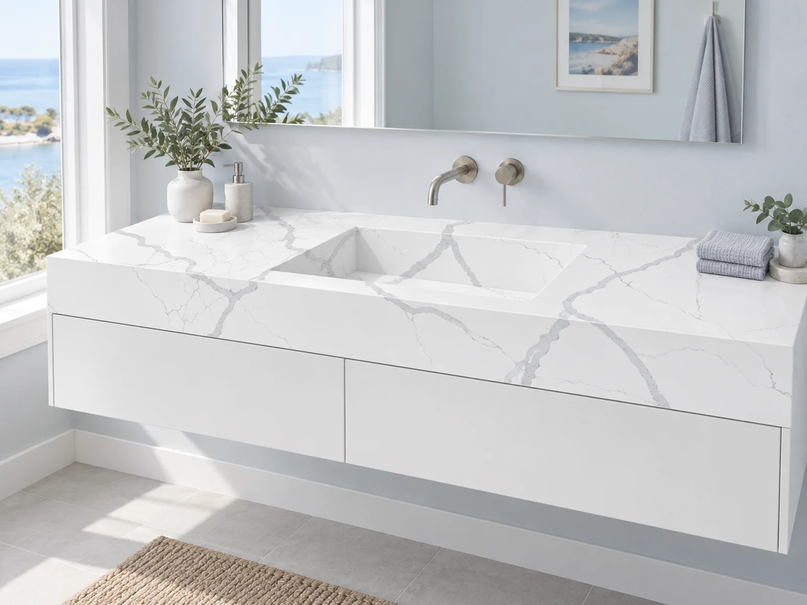 Rendering: Vanity top with integrated sink in Auro Quartz Calacatta 6888