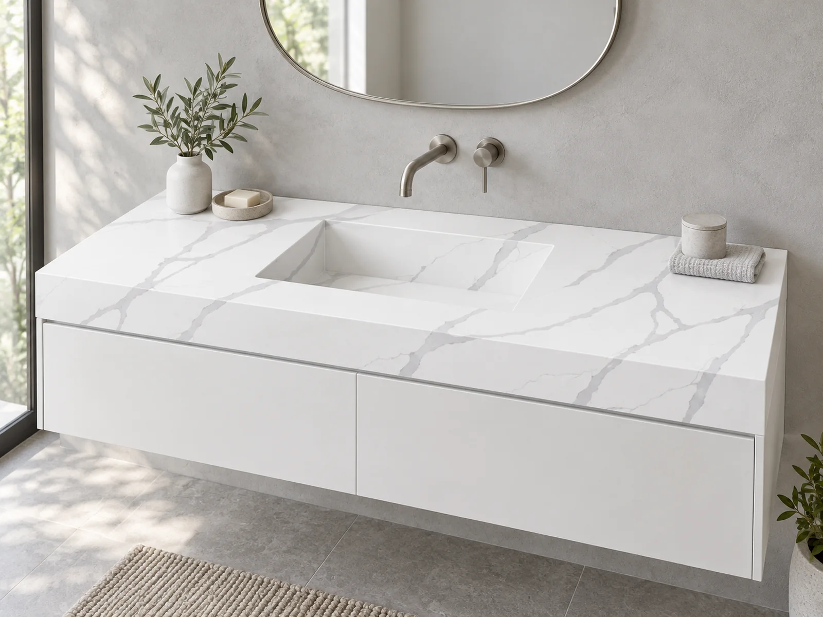 Rendering: Vanity top with integrated sink in Auro Quartz Calacatta 6922