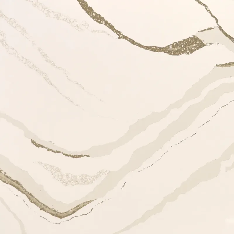 Close-up of Auro Quartz Calacatta 6733 showing ivory base and taupe-gold waves